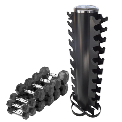 1-10kg Rubber Hex Dumbbell and Vertical Storage Rack Package